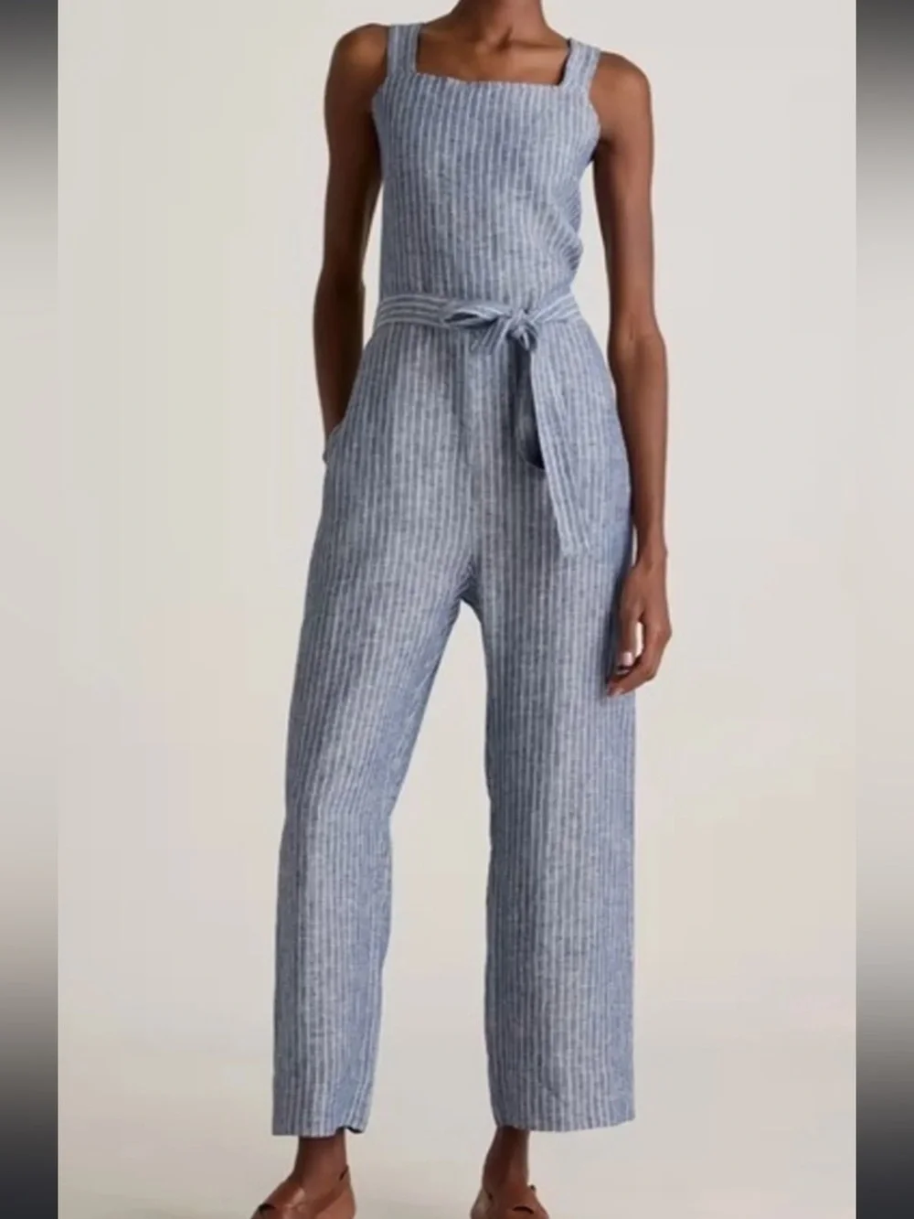 Quince 100% European Linen Square neck Jumpsuit in Blue and White